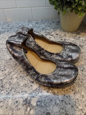 The Storehouse Flats Metallic Silver Ballet Flats for Women - foldable snakeskin